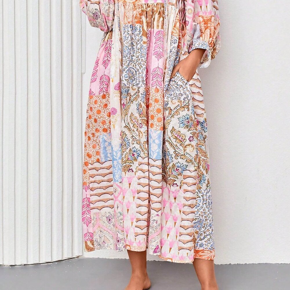 Multicolor Boho Women's Lantern Sleeve Maxi Dress V Neck Tie Patchwork Print - Picture 4 of 5